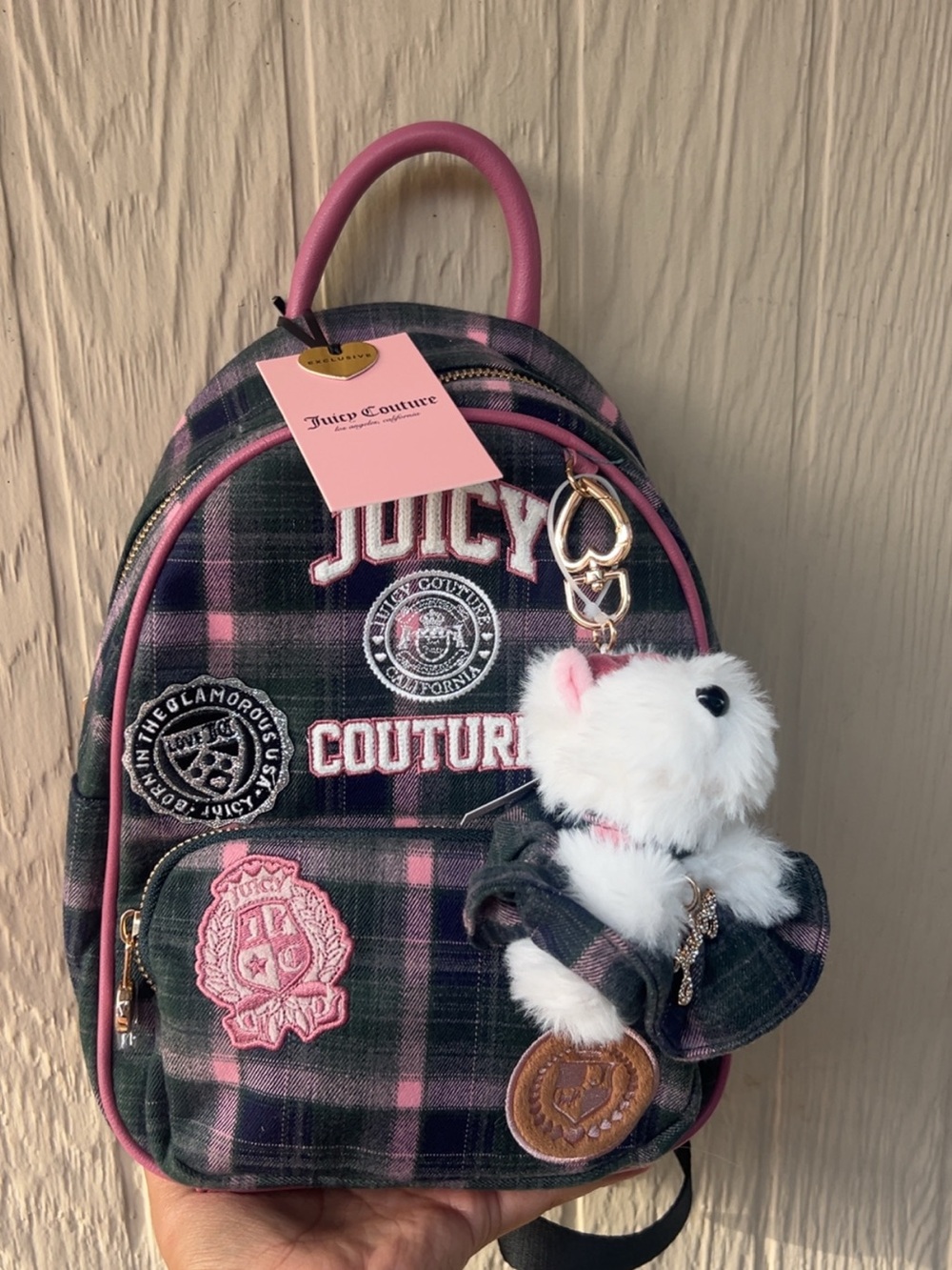 Juicy Couture Pink & Black Plaid Mini Backpack with Plush Bear Charm